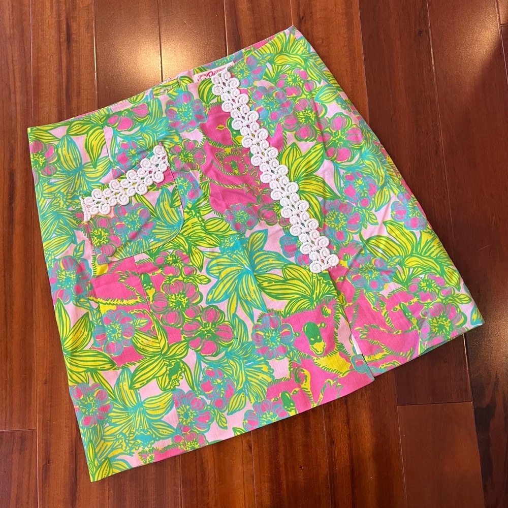 Vintage‎ Lilly Pulitzer Skirt Pink Green Mini Floral Lace Trim Tropical Size 2